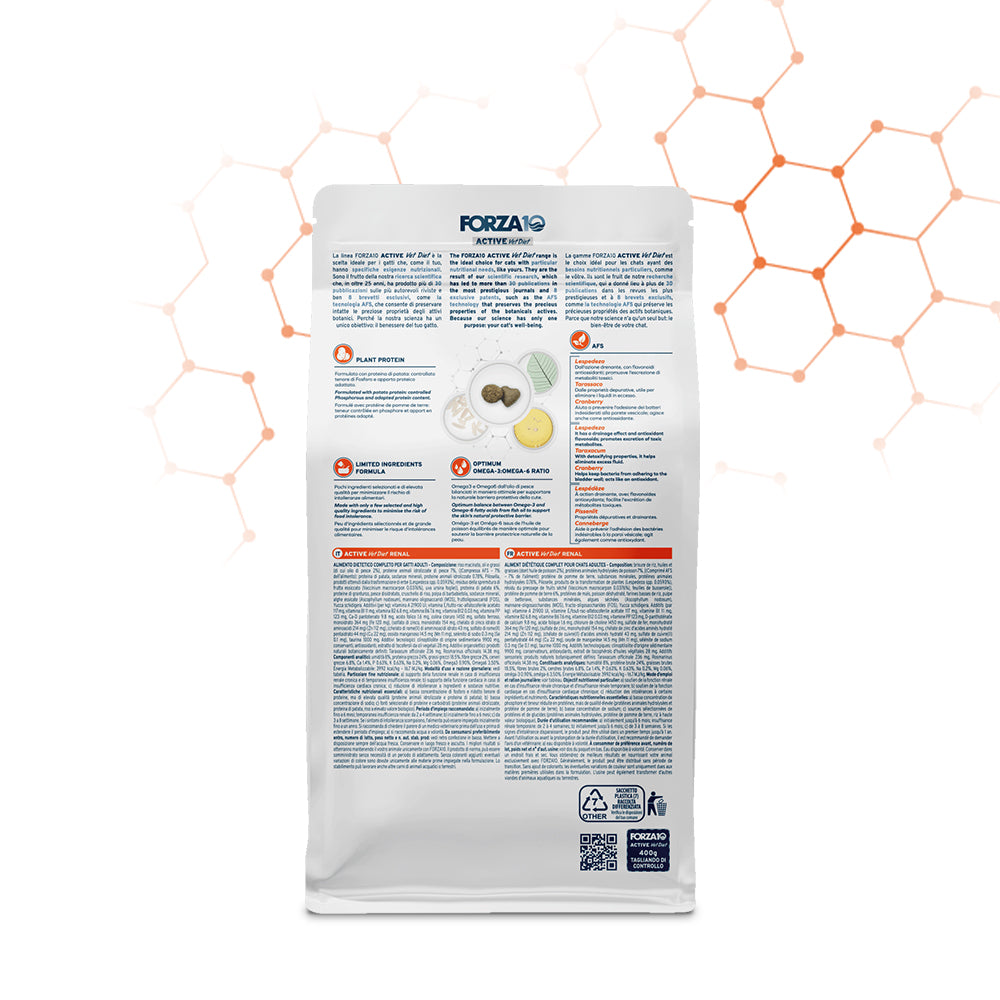 Retro confezione Forza10 Renal Gatto con benefici nutrizionali e composizione dettagliata Retro confezione Forza10 Renal Gatto con benefici nutrizionali e composizione dettagliata